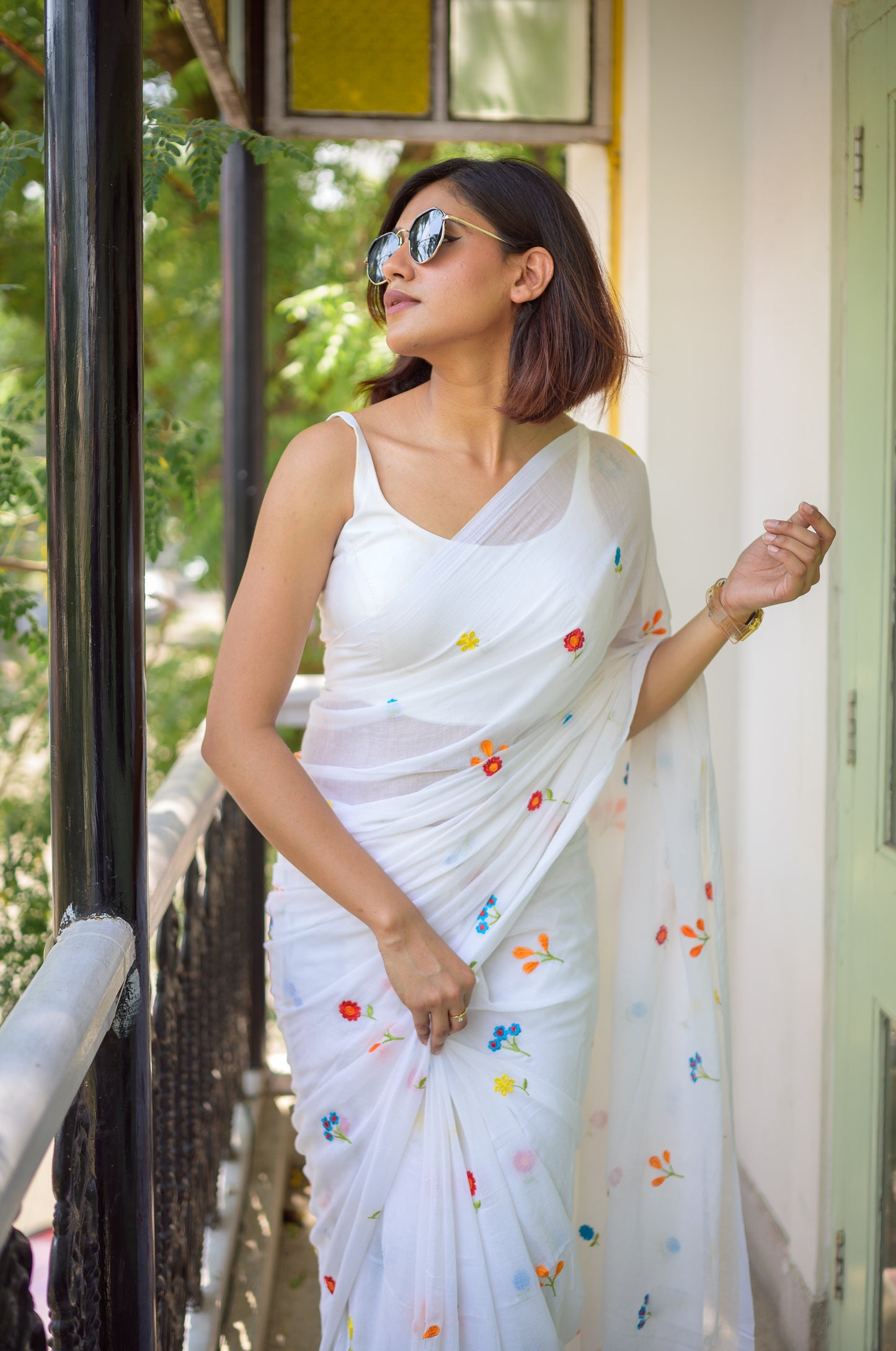 White Embroidered Mulmul Cotton Saree
