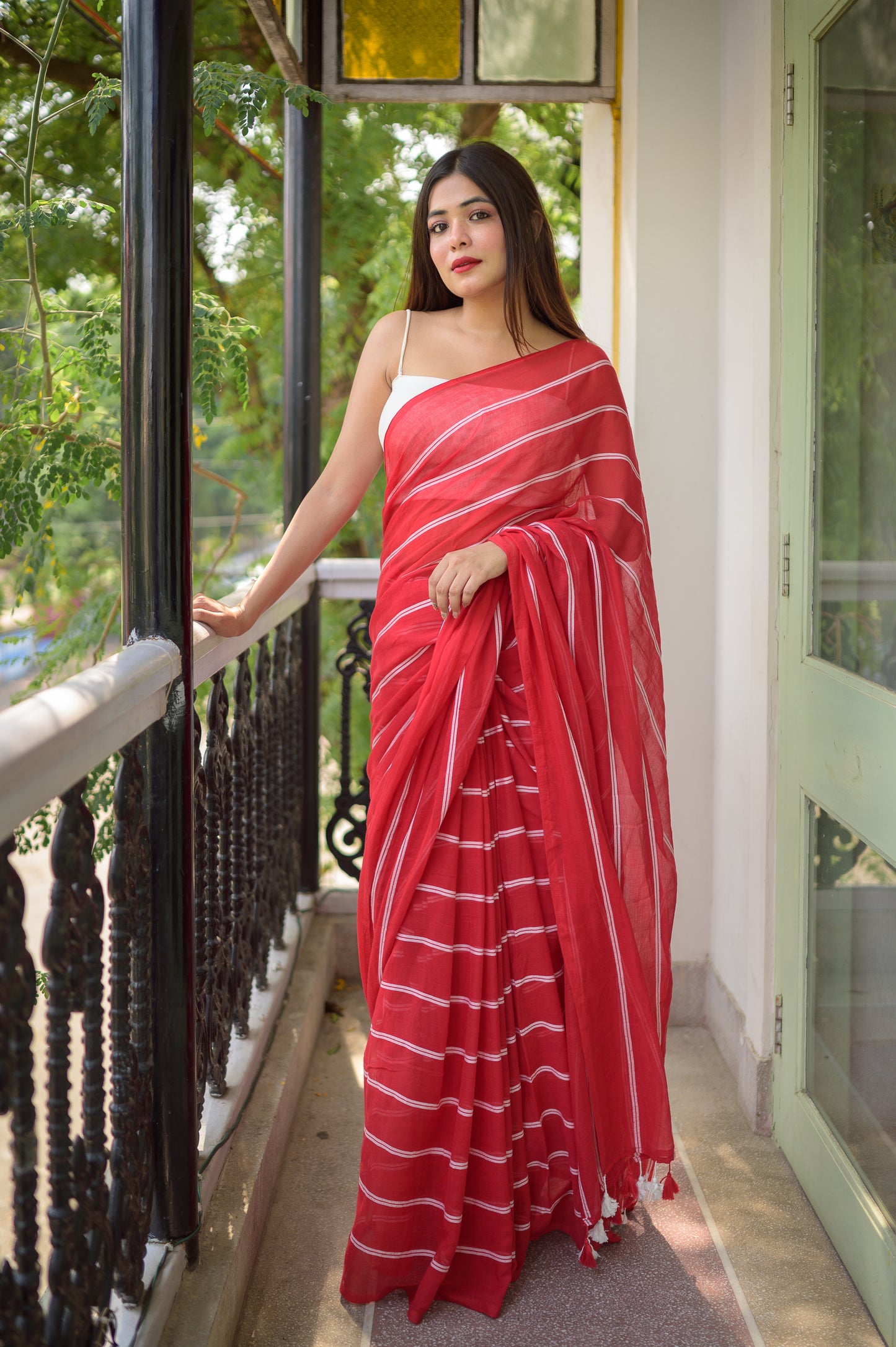 Classic Red Mulmul Cotton Saree