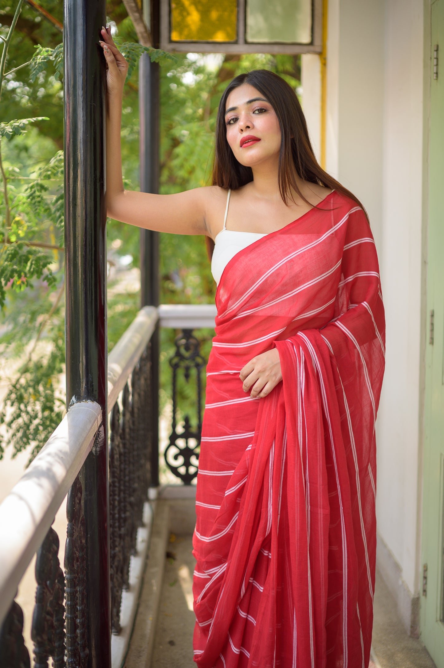 Classic Red Mulmul Cotton Saree