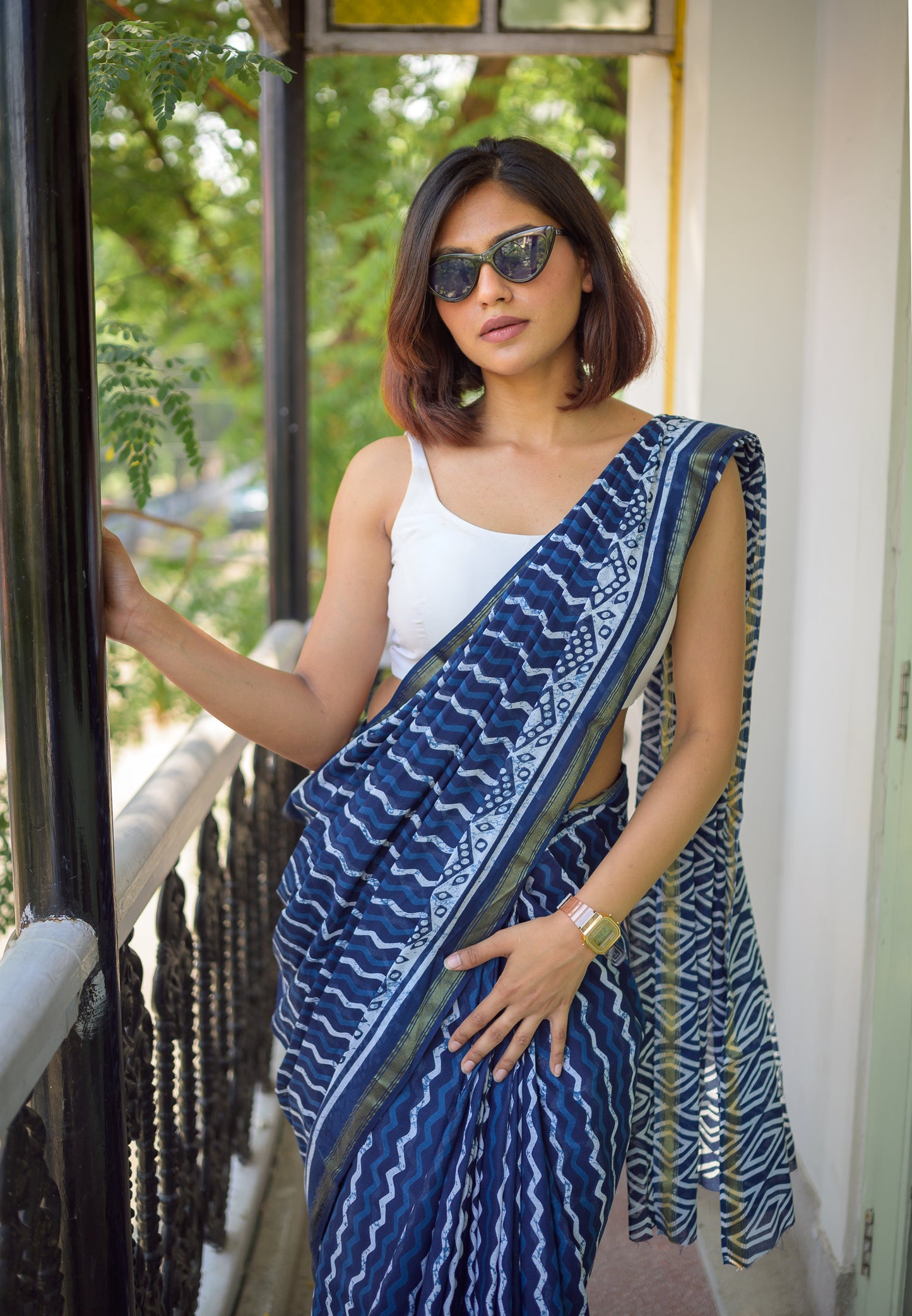 Indigo Zigzag Block Print Cotton Saree