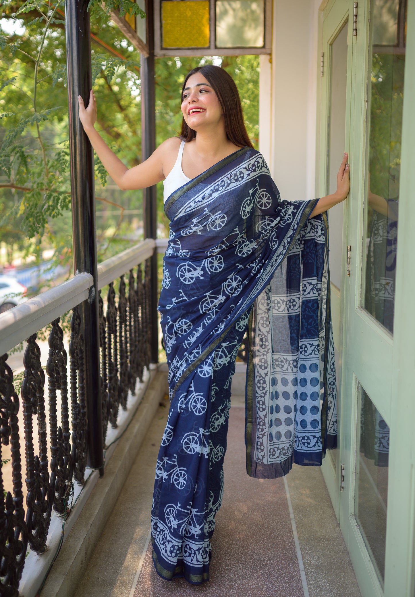 Indigo Cycle Block Print Cotton Saree