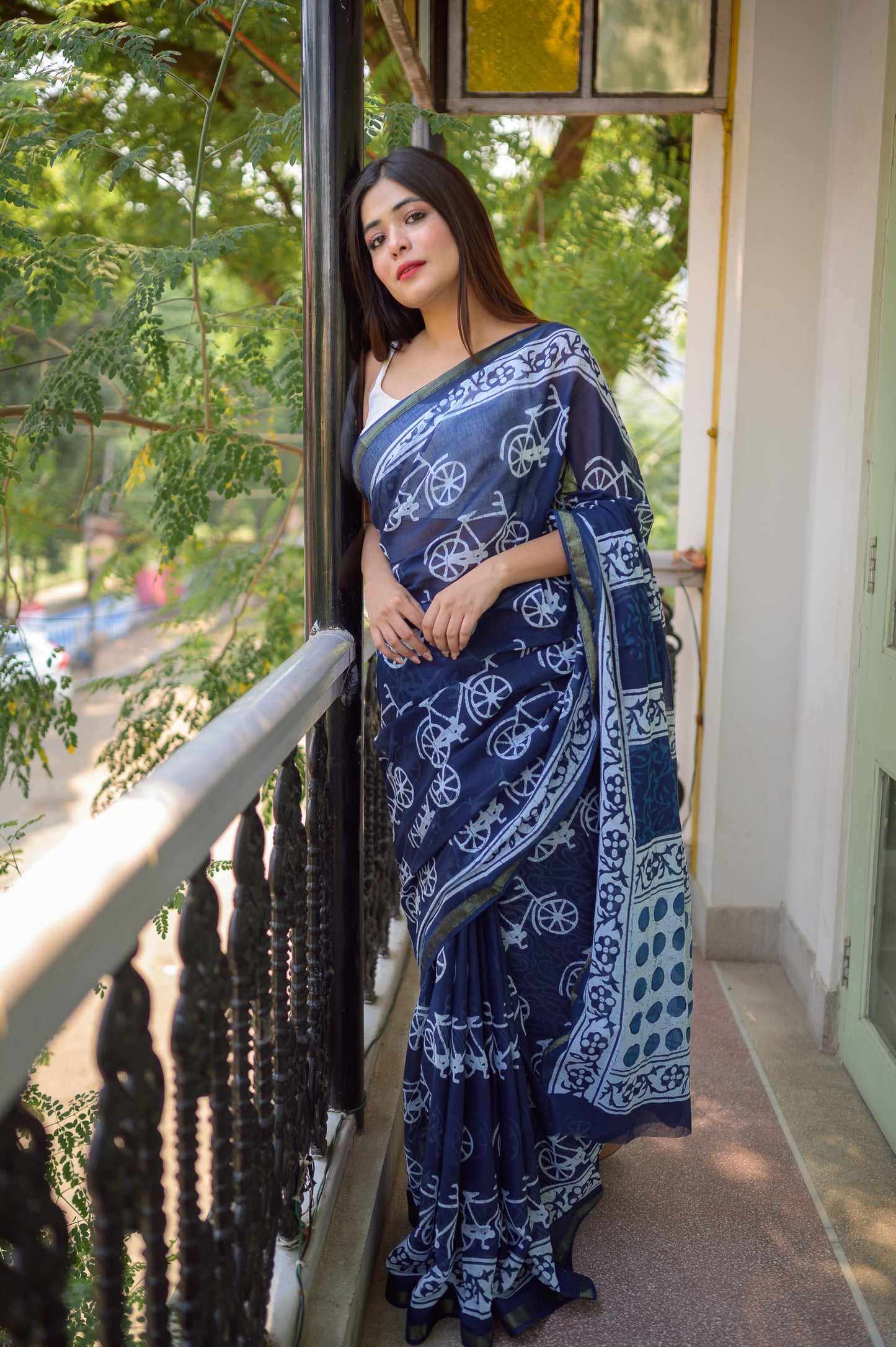 Indigo Cycle Block Print Cotton Saree