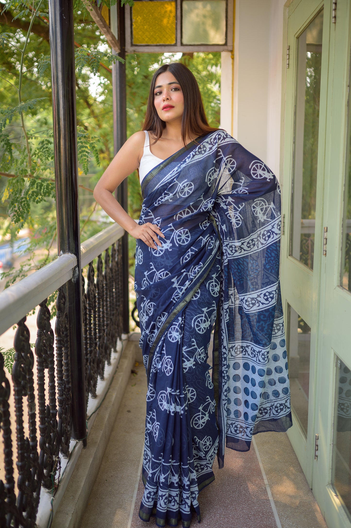 Indigo Cycle Block Print Cotton Saree