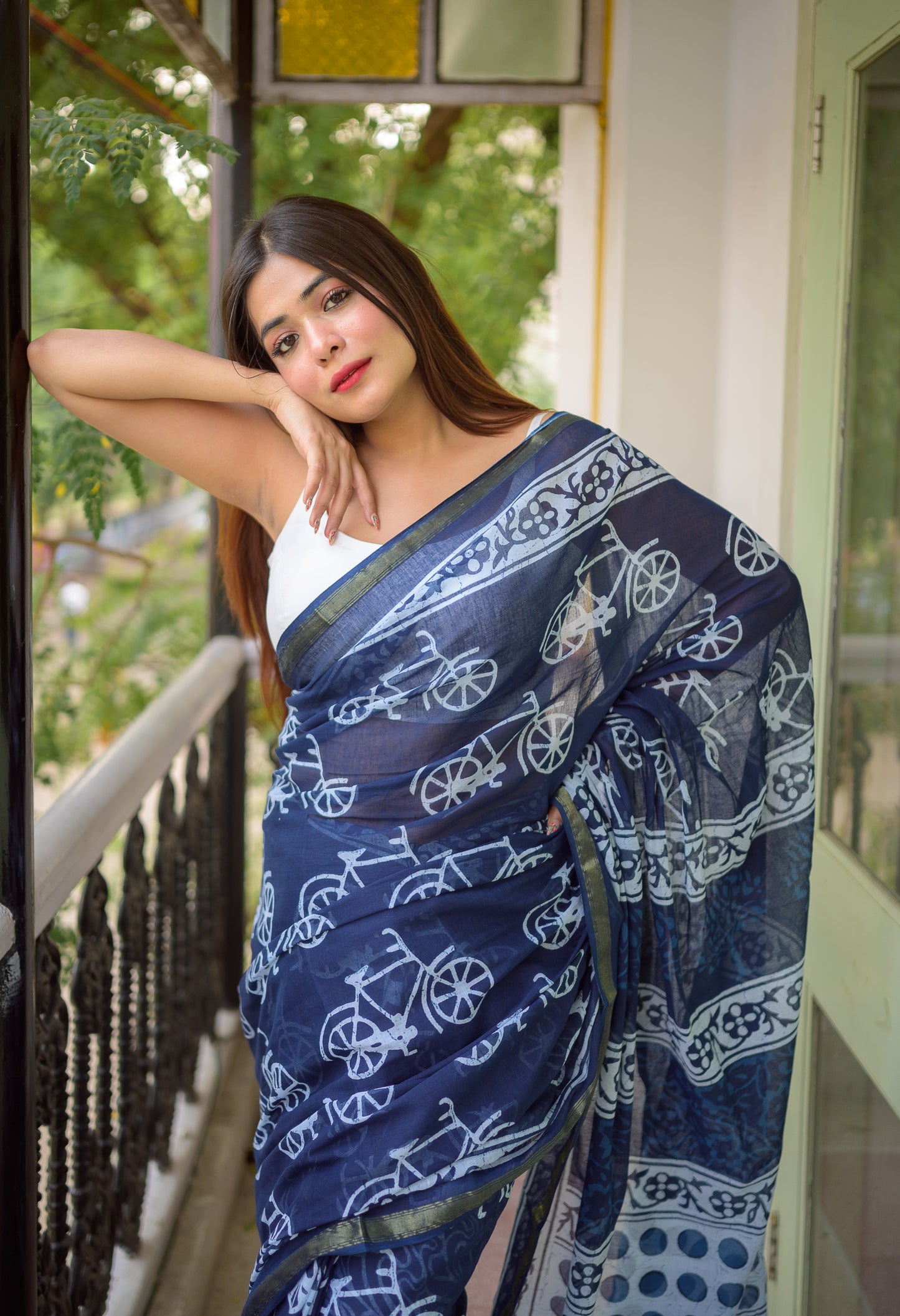 Indigo Cycle Block Print Cotton Saree