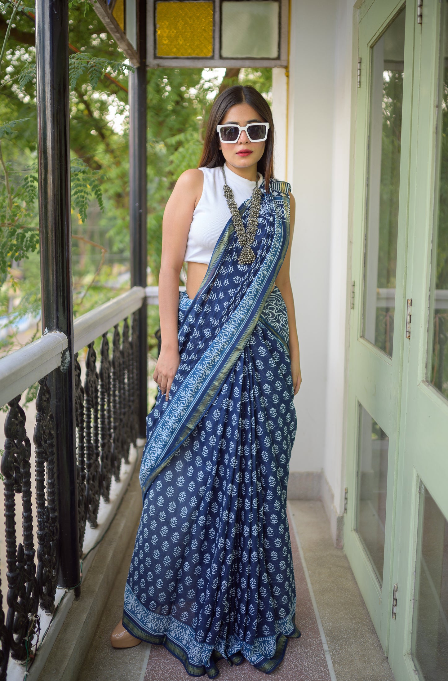 Indigo Block Print Cotton Saree