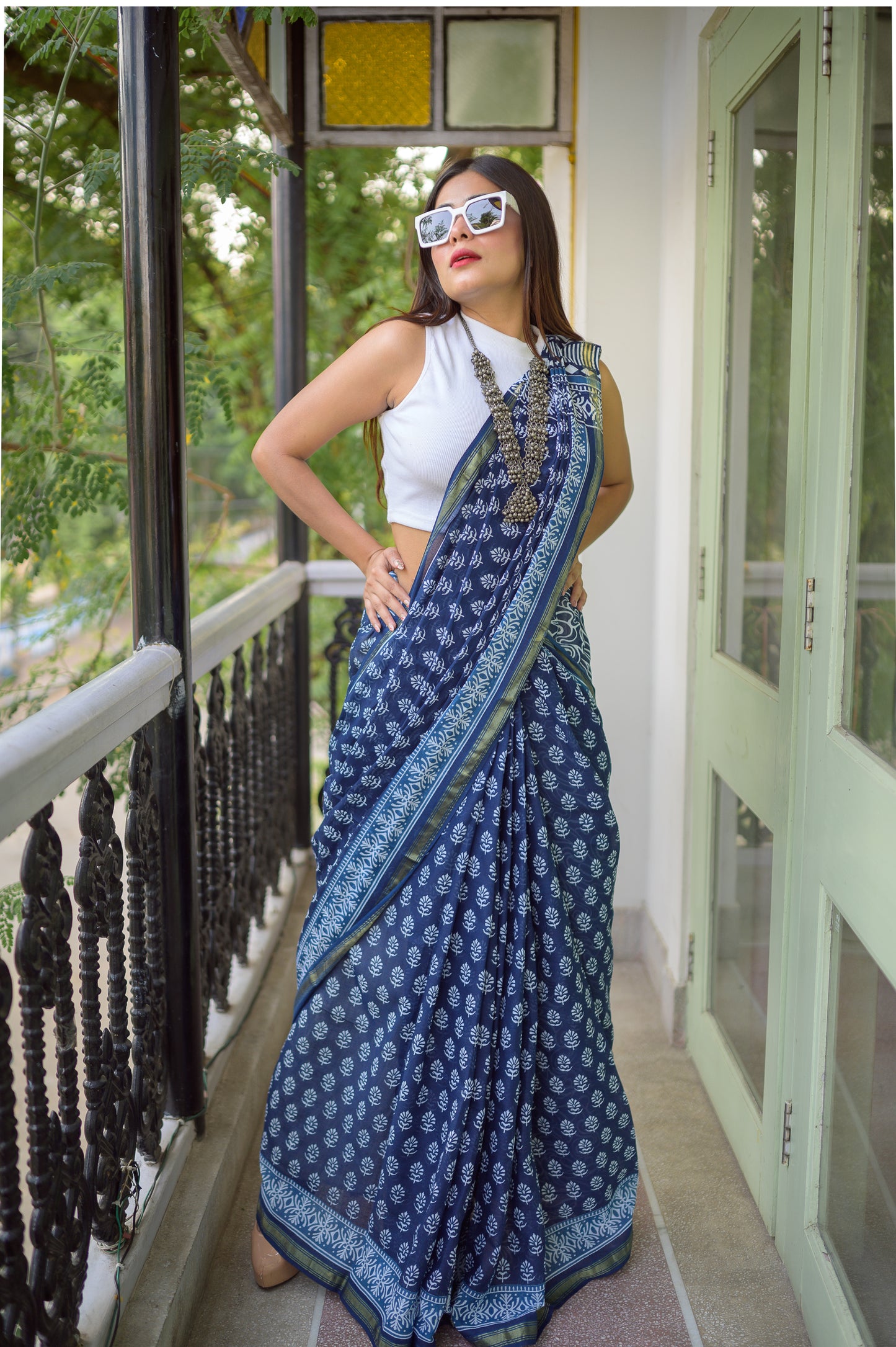 Indigo Block Print Cotton Saree