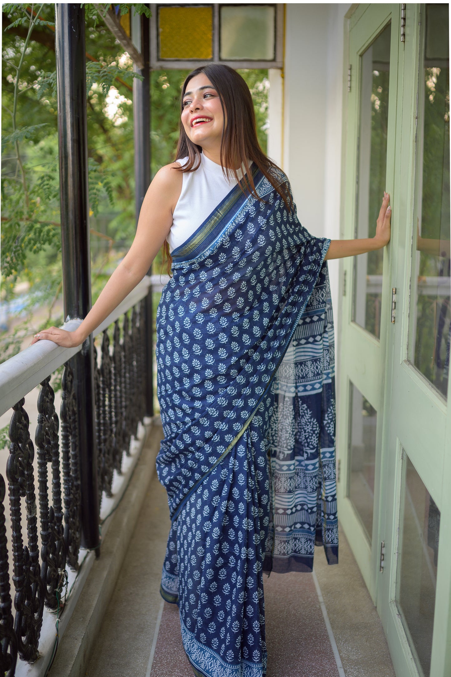 Indigo Block Print Cotton Saree