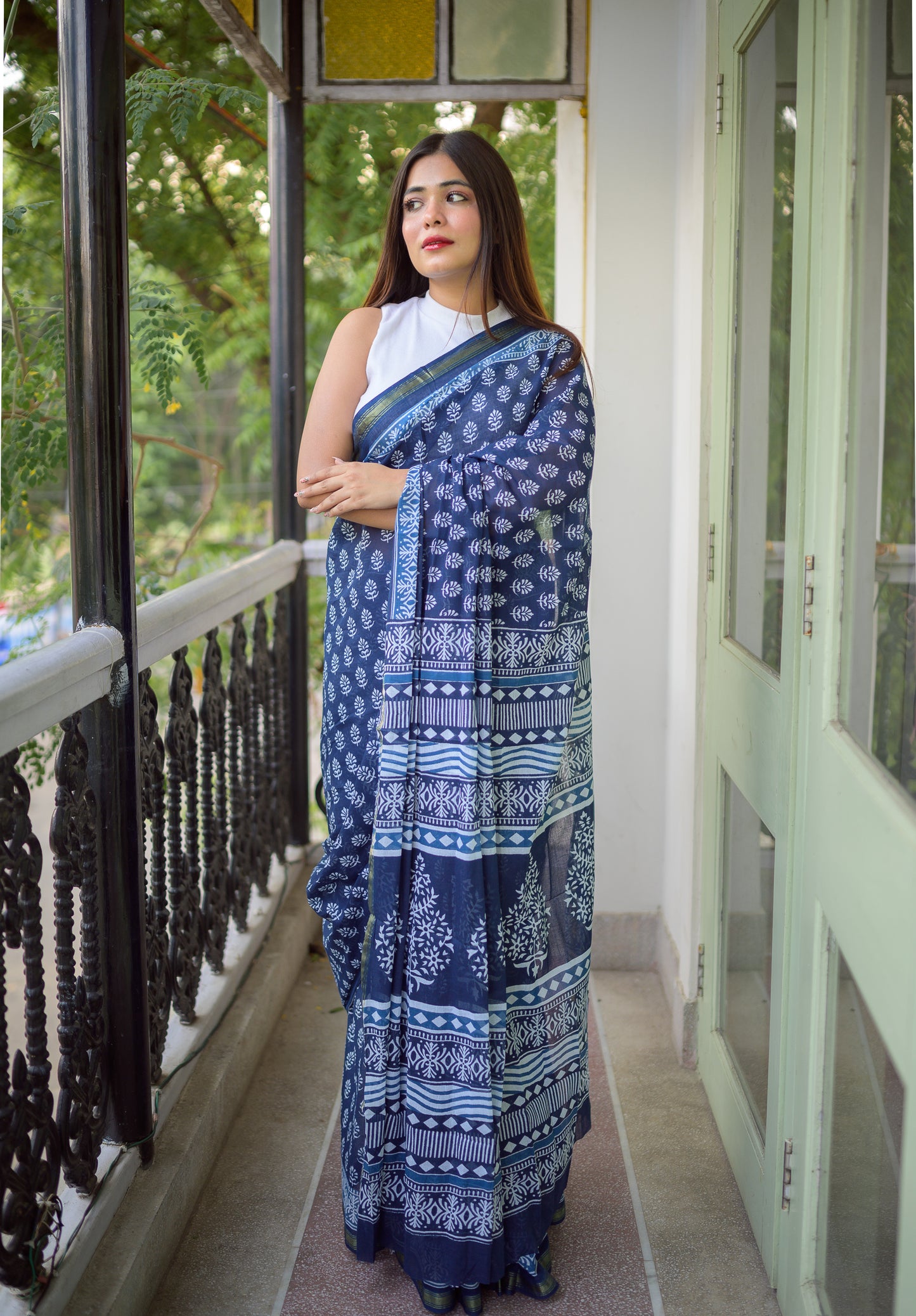 Indigo Block Print Cotton Saree