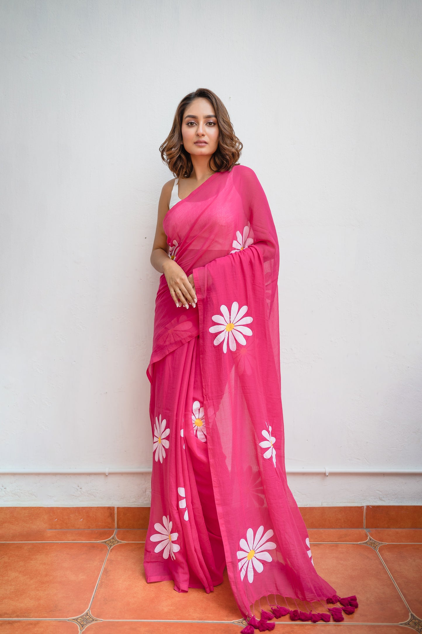 Hot Pink Handpainted Mulmul Cotton Saree