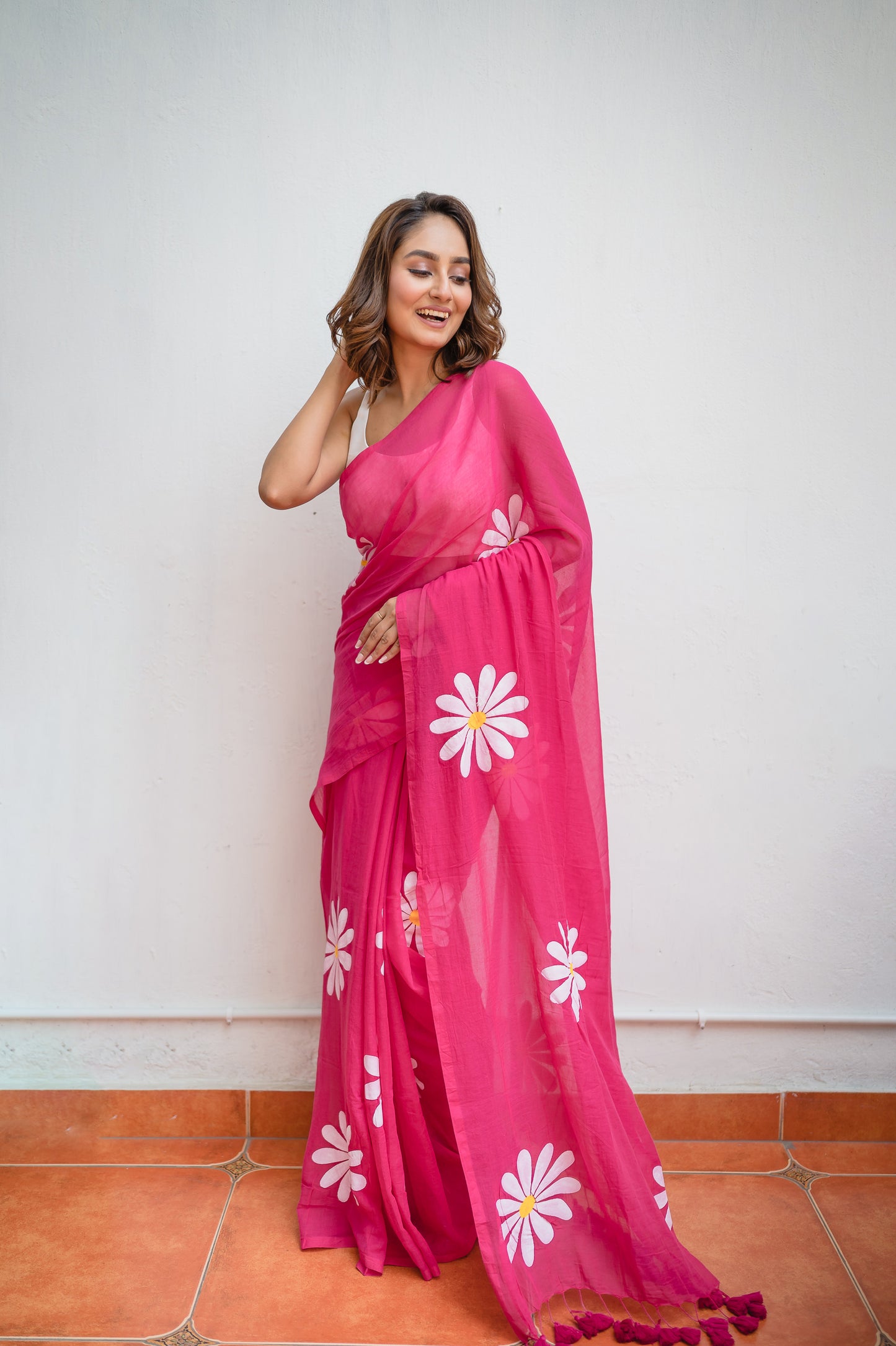 Hot Pink Handpainted Mulmul Cotton Saree