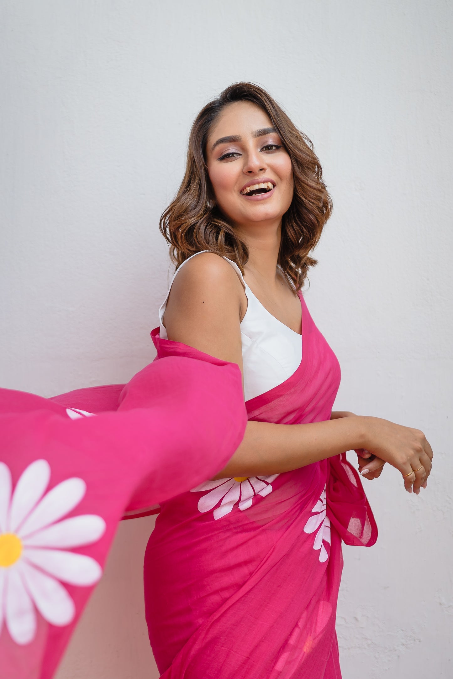Hot Pink Handpainted Mulmul Cotton Saree