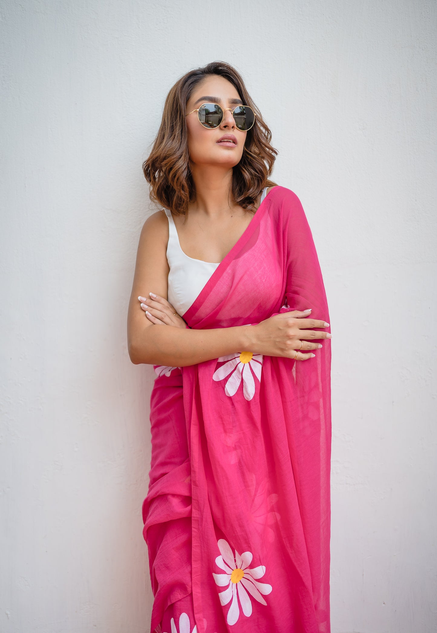 Hot Pink Handpainted Mulmul Cotton Saree