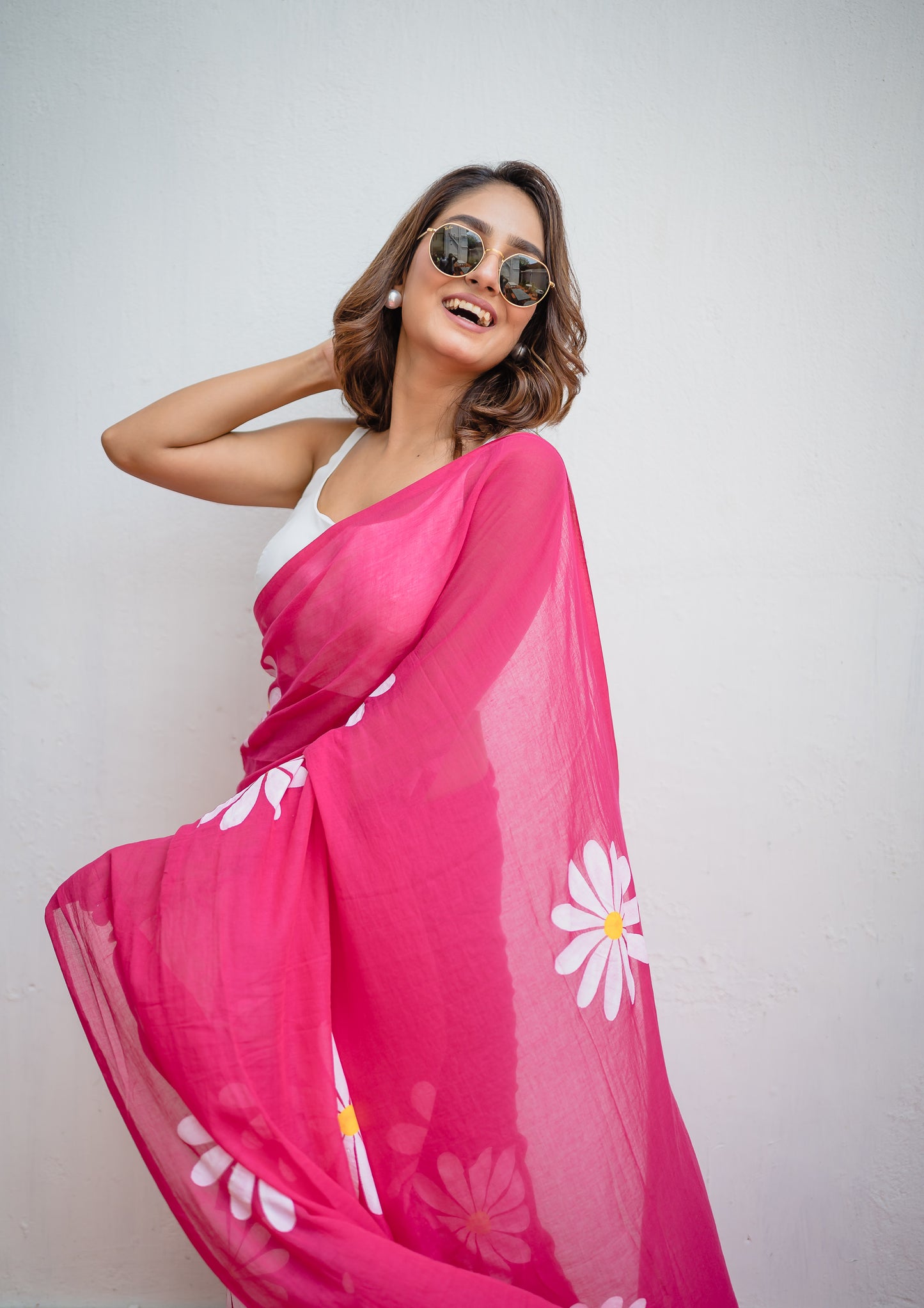 Hot Pink Handpainted Mulmul Cotton Saree