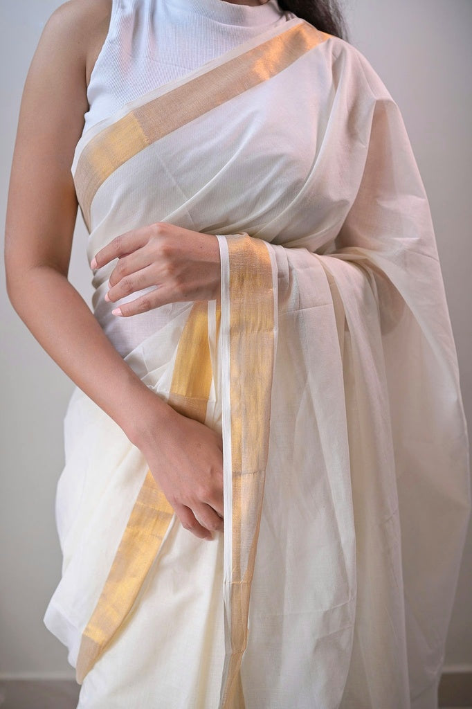 White Golden Cotton Saree