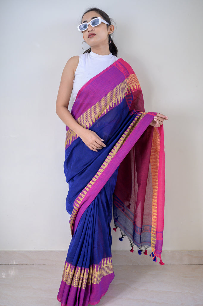 Blue Temple Border Cotton Saree
