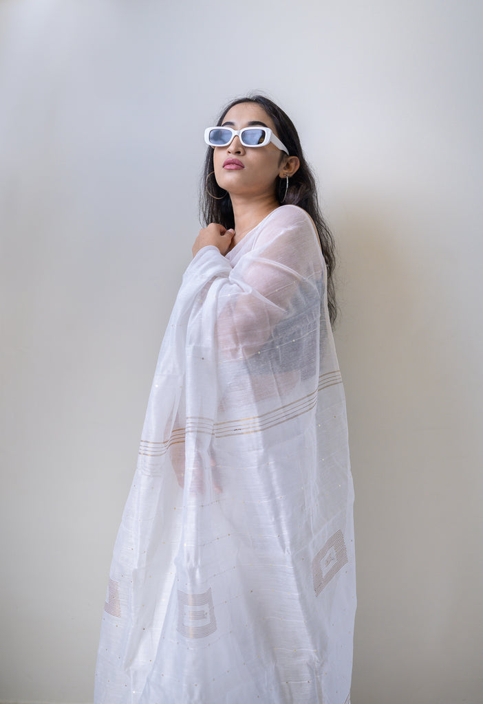 White Sequins Cotton Silk Saree