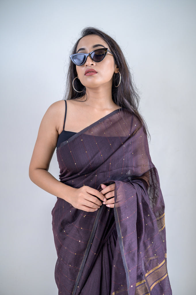 Brown Sequins Cotton Silk Saree