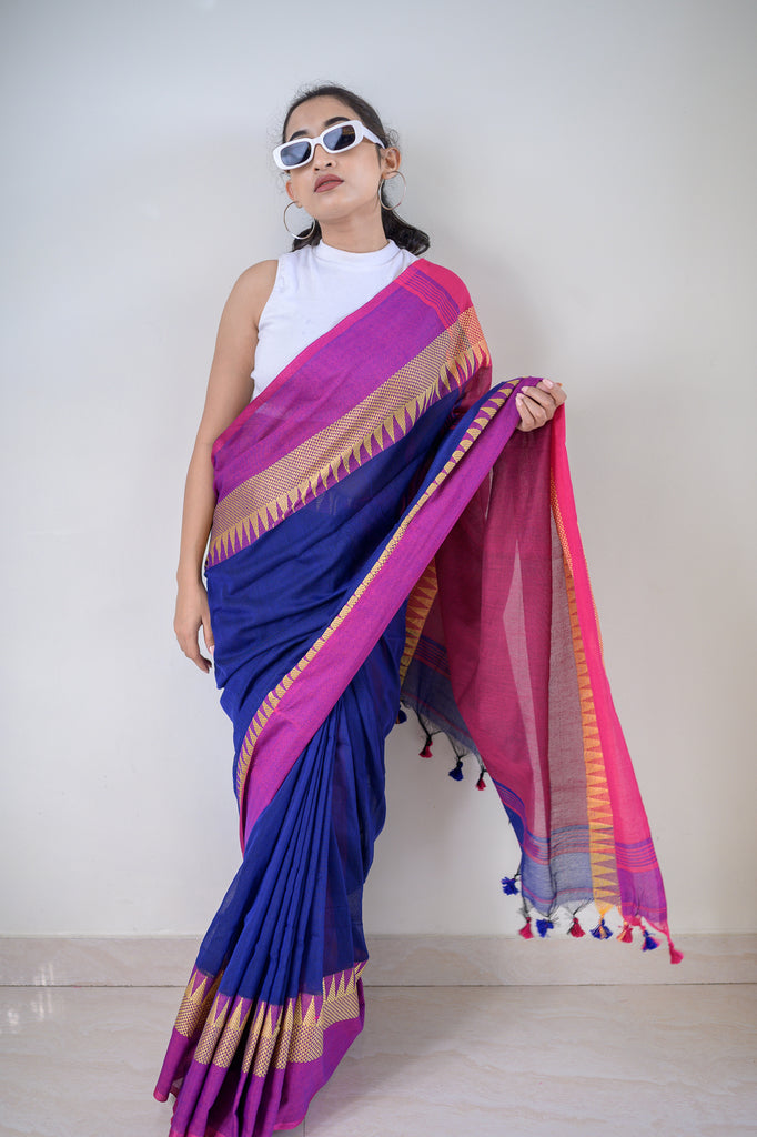 Blue Temple Border Cotton Saree