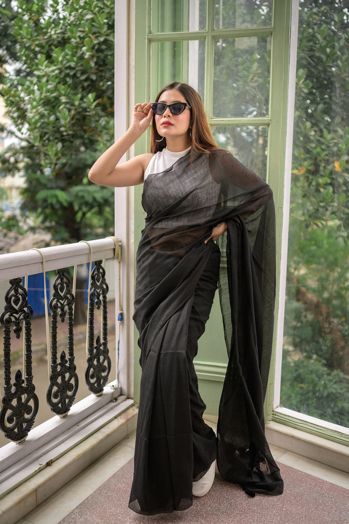 Dark Black Mulmul Cotton Saree