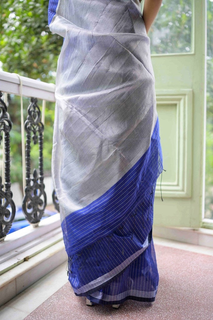 Striped Blue Cotton Silk saree