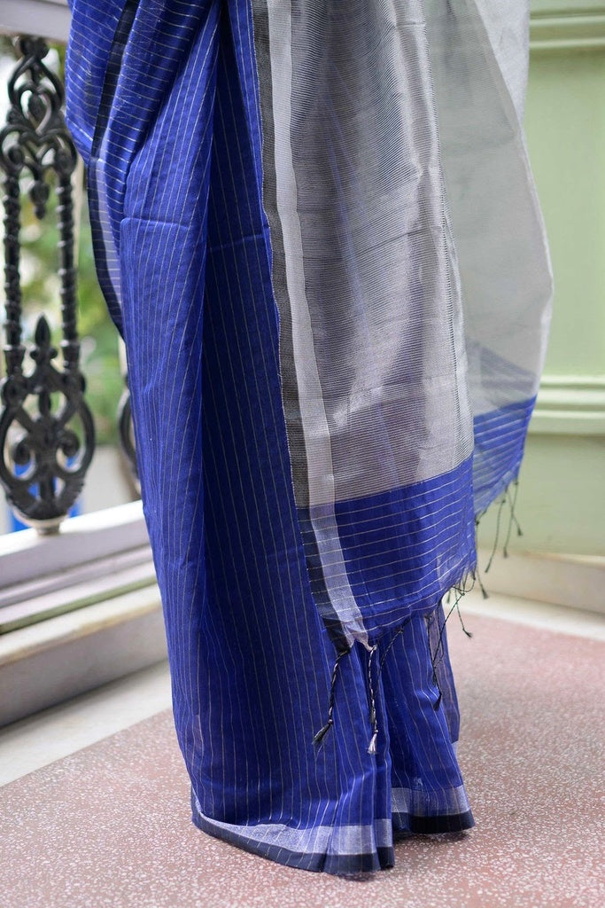 Striped Blue Cotton Silk saree