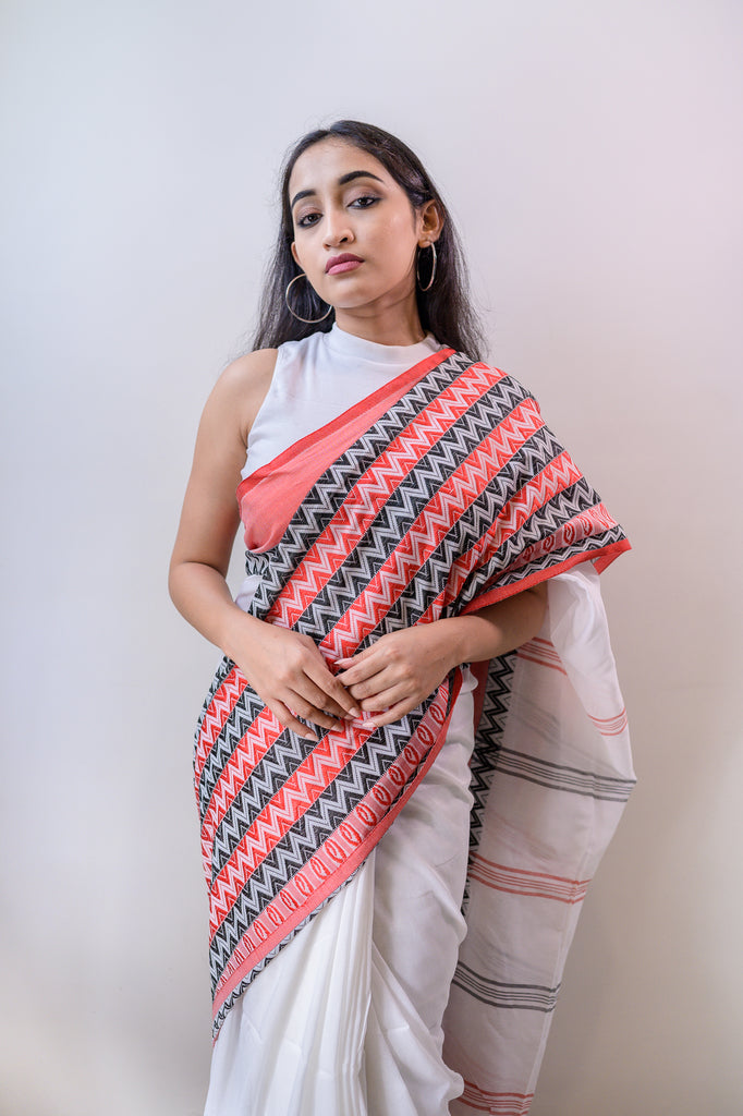 Traditional White Cotton Saree