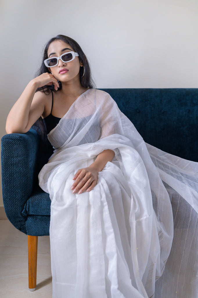 White Sequins Cotton Silk Saree