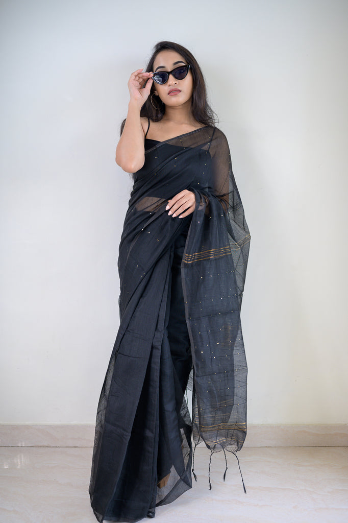Black Golden Sequins Cotton Silk Saree