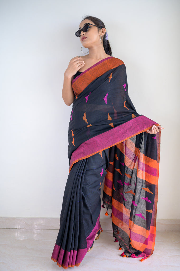 Charcoal Black Cotton Saree