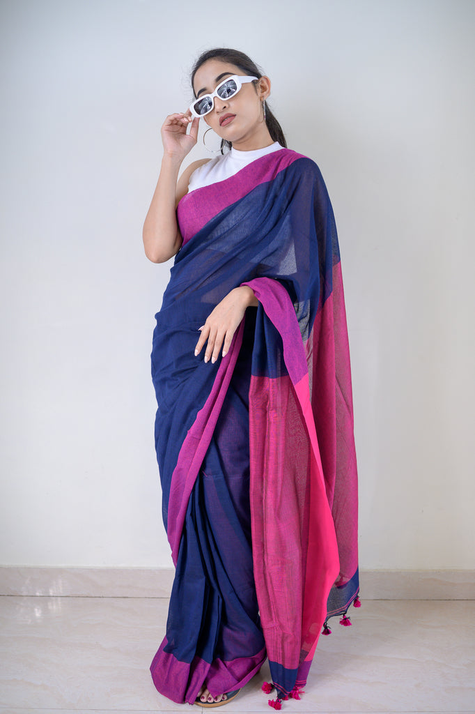Blue Pink Soft Cotton Saree