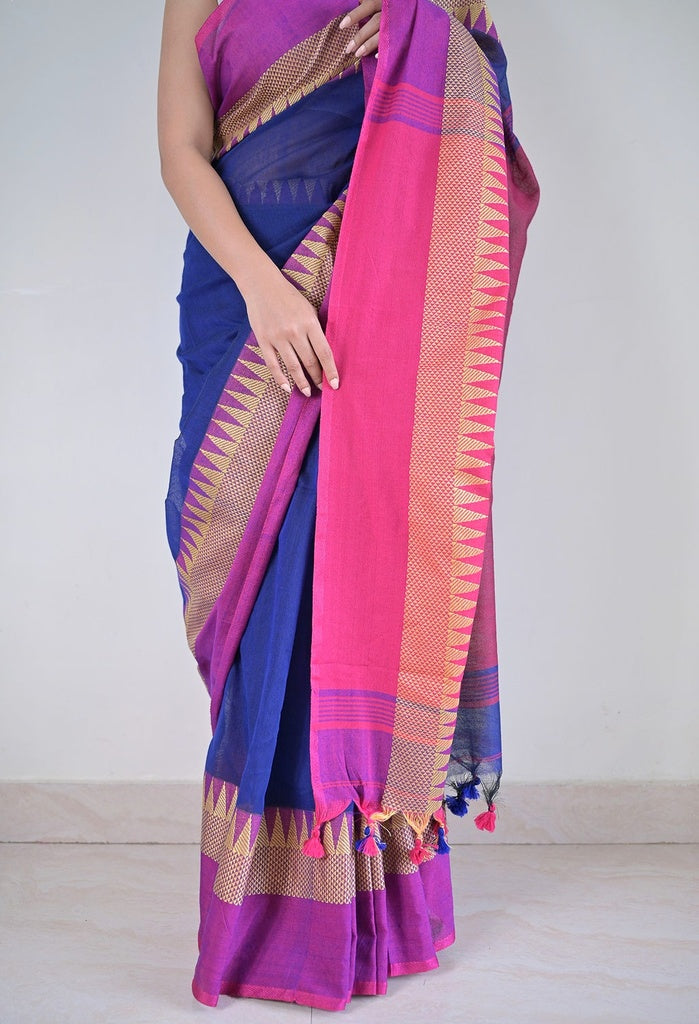 Blue Temple Border Cotton Saree