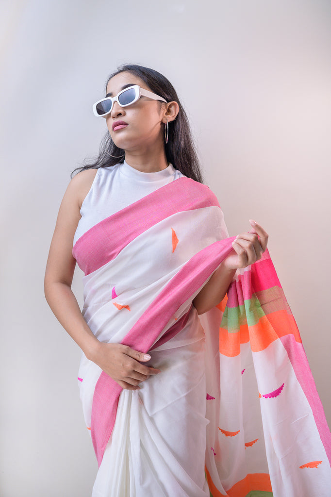Peace White Cotton Saree