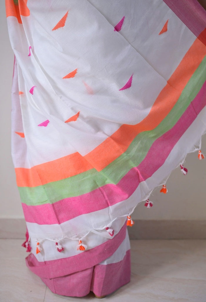 Peace White Cotton Saree