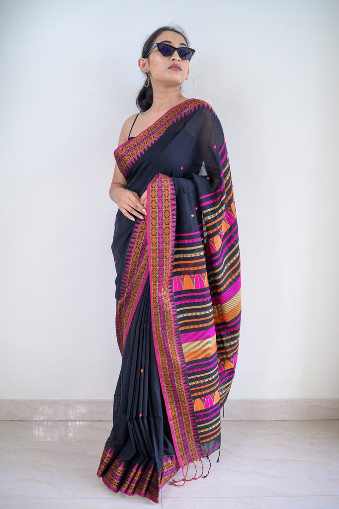 Black Dongria Khadi Cotton Saree