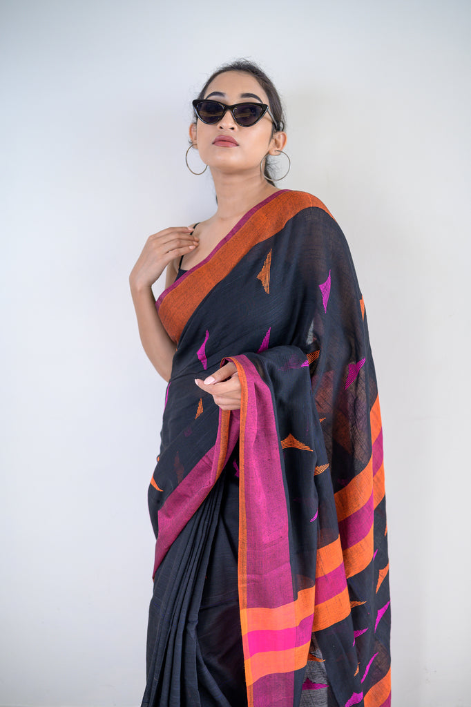 Charcoal Black Cotton Saree