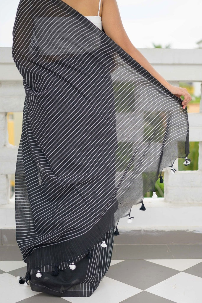 Striped Black Mulmul Cotton Saree