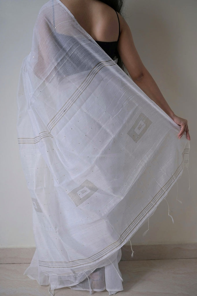 White Sequins Cotton Silk Saree
