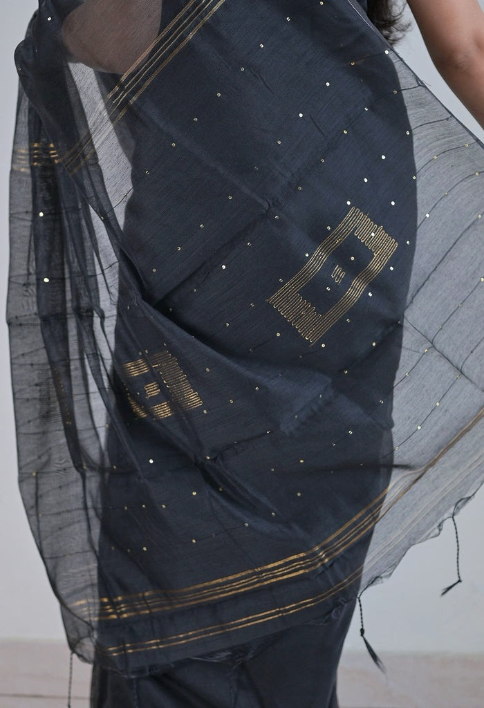 Black Golden Sequins Cotton Silk Saree