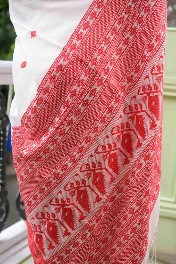 Classic White Red Cotton Saree