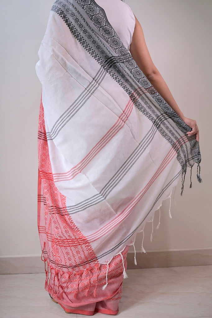 White Black Cotton Saree