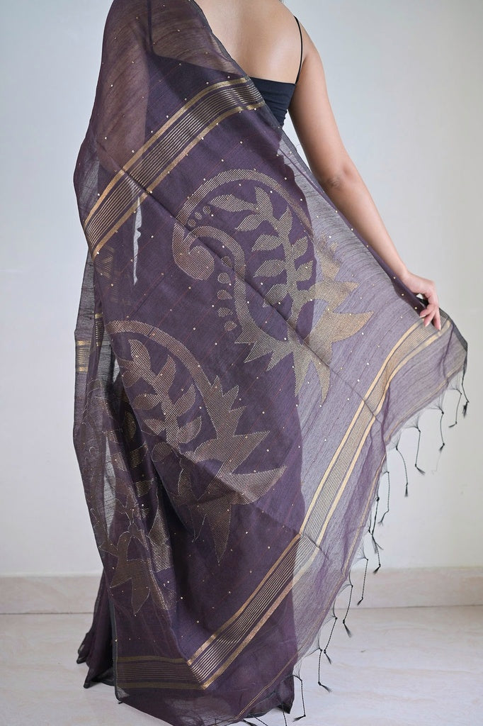 Brown Sequins Cotton Silk Saree