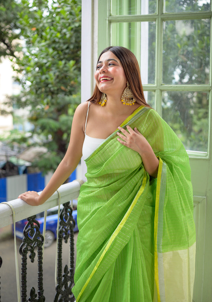 Striped Green Cotton Silk Saree