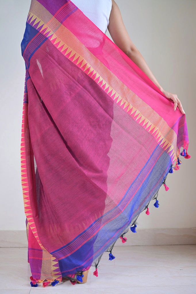 Blue Temple Border Cotton Saree