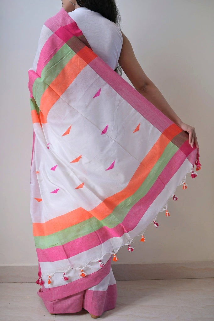 Peace White Cotton Saree