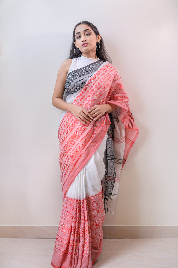 White Black Cotton Saree