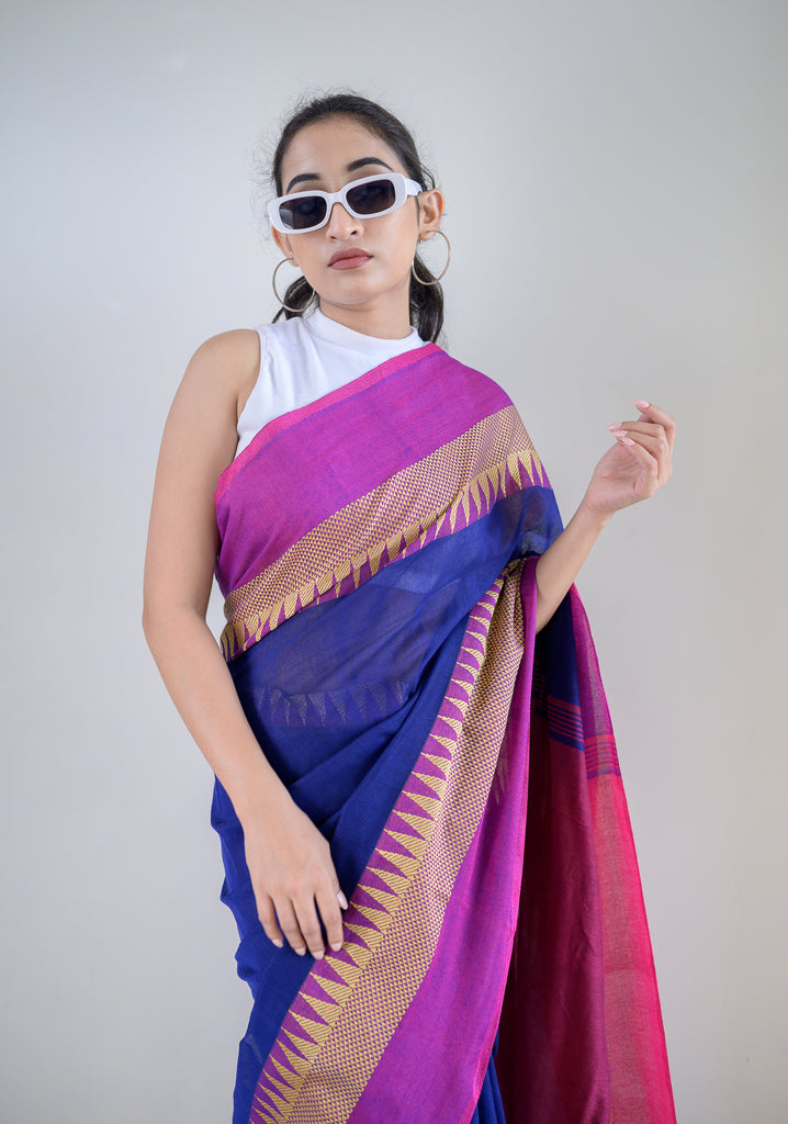 Blue Temple Border Cotton Saree