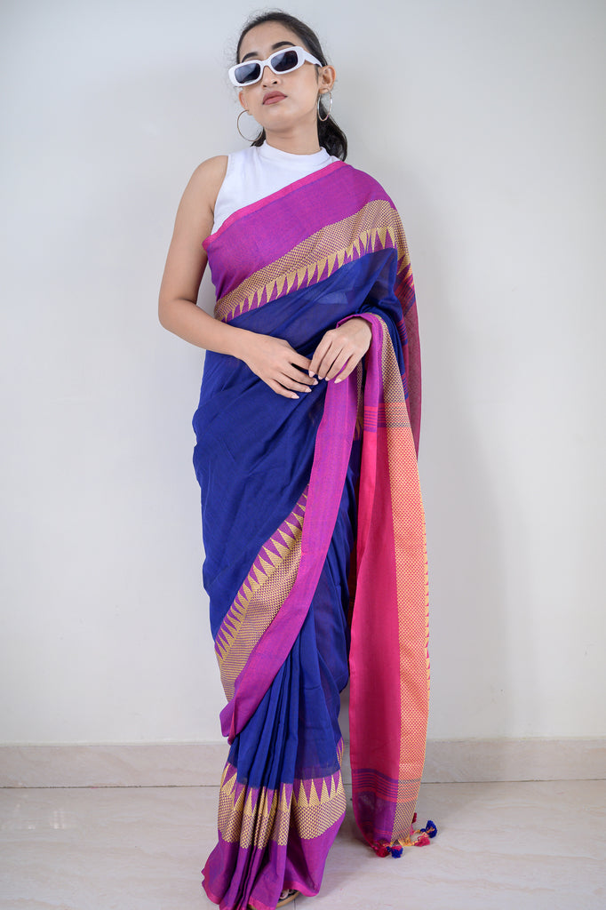 Blue Temple Border Cotton Saree