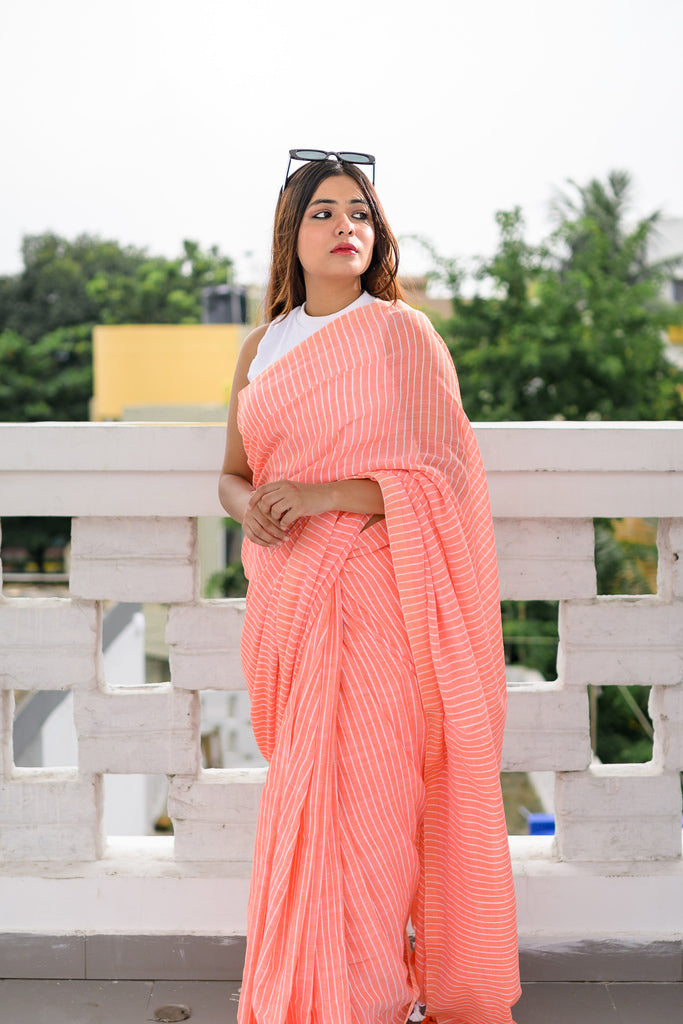 Striped Peach Orange Soft Cotton Saree