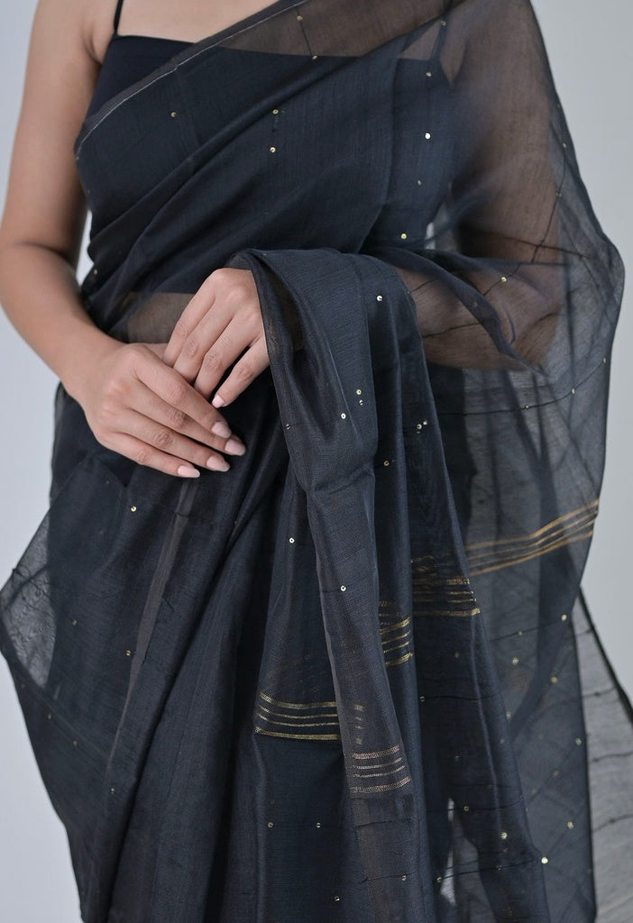 Black Golden Sequins Cotton Silk Saree