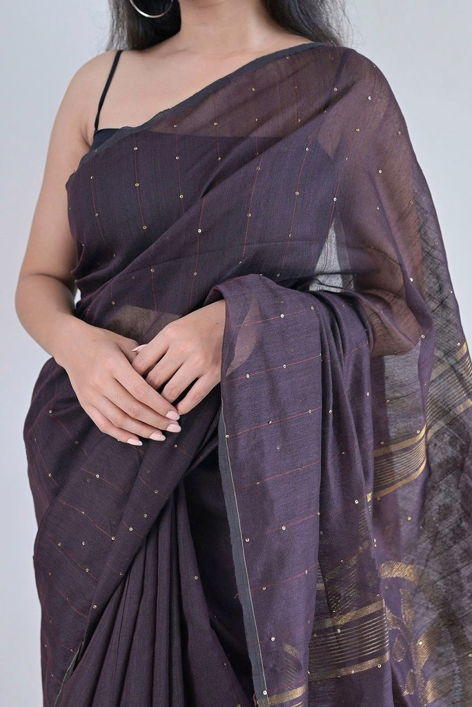 Brown Sequins Cotton Silk Saree